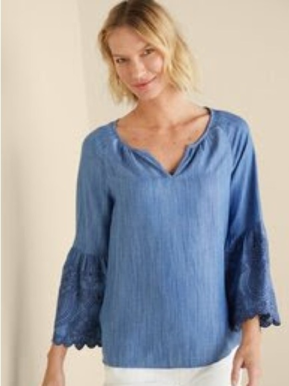 Soft Surroundings Boho Blouse Chambray EMBROIDERED Bell Sleeves Womens XL